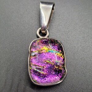 Charles Albert 950 Sterling Silver Pink Dichroic Glass Pendant Rectangular